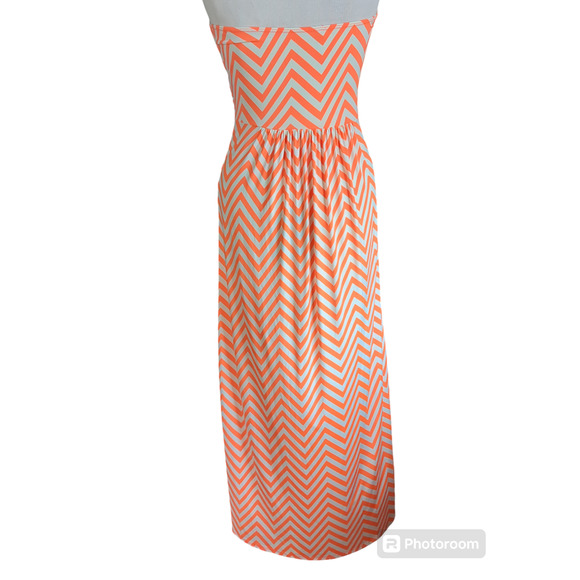 Large Yetts Los Angeles orange cream Chevron women's strapless maxi dress #13 - Picture 3 of 5